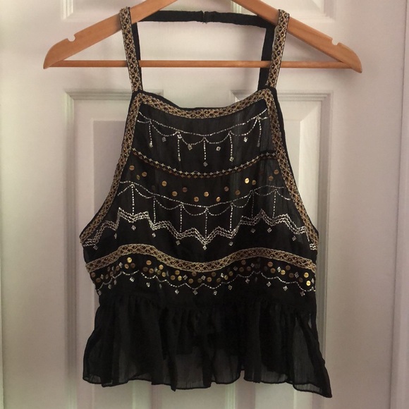 Free People Embroidered Bead Embellished Black Top - Picture 3 of 6